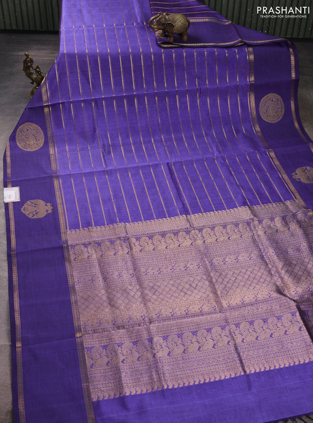 Kanchipuram silk cotton saree blue with allover veldhari weaves and long rettapet zari woven butta border