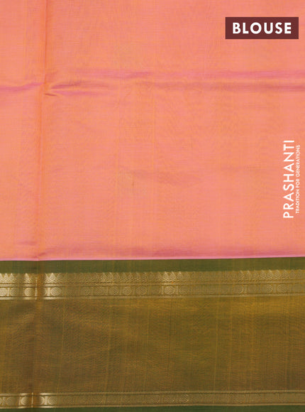 Kanchipuram silk cotton saree peach shade and mehendi green with zari woven buttas and rettapet zari woven border