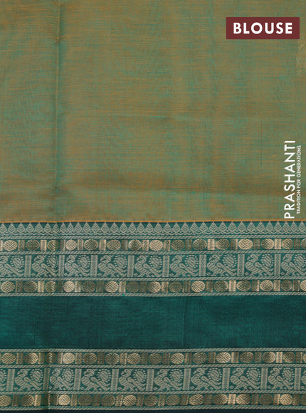 Kanchipuram silk cotton saree dual shade of greenish orange and green with zari woven buttas and rettapet zari woven border