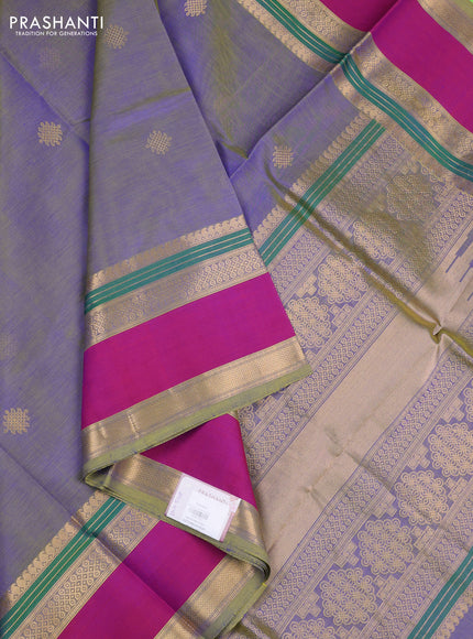 Kanchipuram silk cotton saree dual shade of bluish green and pink with zari woven buttas and rettapet zari woven border