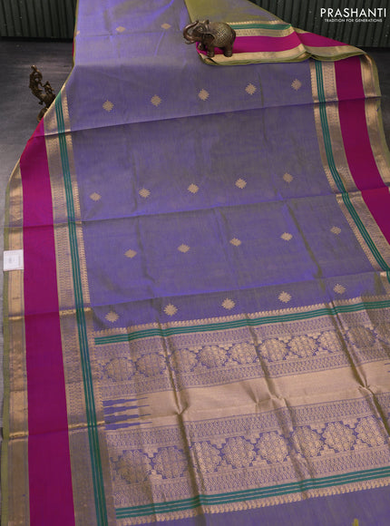 Kanchipuram silk cotton saree dual shade of bluish green and pink with zari woven buttas and rettapet zari woven border