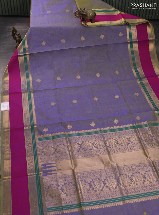 Kanchipuram silk cotton saree dual shade of bluish green and pink with zari woven buttas and rettapet zari woven border
