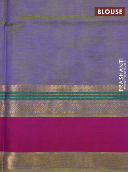 Kanchipuram silk cotton saree dual shade of bluish green and pink with zari woven buttas and rettapet zari woven border