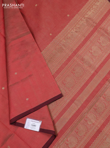Kanchipuram silk cotton saree maroon shade with zari woven buttas and piping border