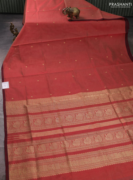 Kanchipuram silk cotton saree maroon shade with zari woven buttas and piping border