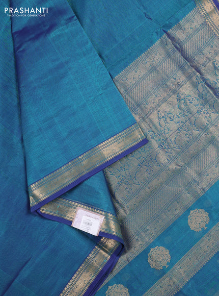 Kanchipuram silk cotton saree dual shade of blue with plain body and temple design zari woven border