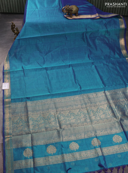 Kanchipuram silk cotton saree dual shade of blue with plain body and temple design zari woven border