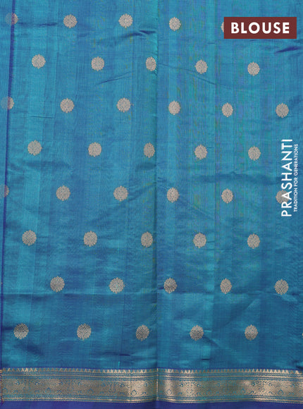 Kanchipuram silk cotton saree dual shade of blue with plain body and temple design zari woven border