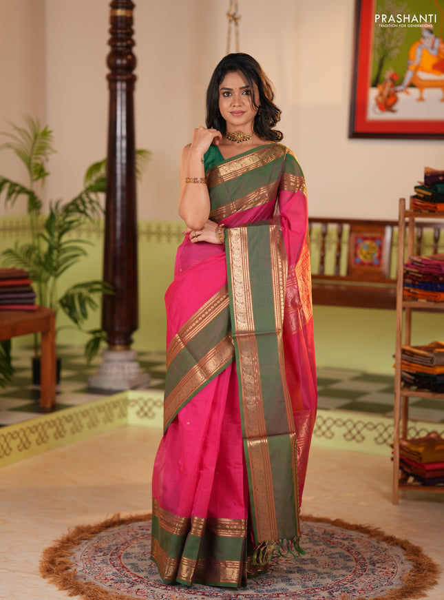 Kanchipuram silk cotton saree pink and green with zari woven buttas and rettapet zari woven border