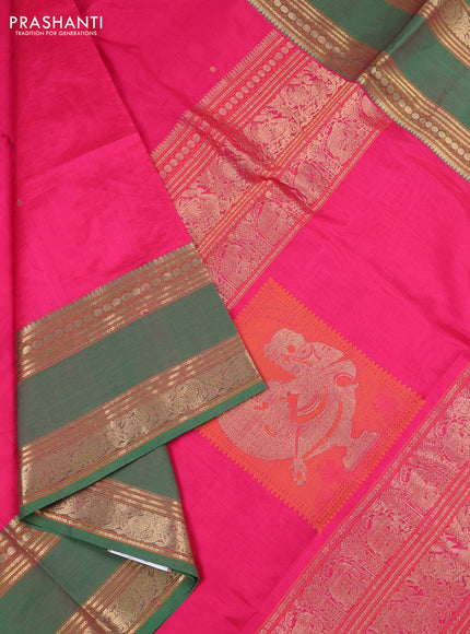 Kanchipuram silk cotton saree pink and green with zari woven buttas and rettapet zari woven border