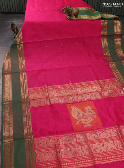 Kanchipuram silk cotton saree pink and green with zari woven buttas and rettapet zari woven border