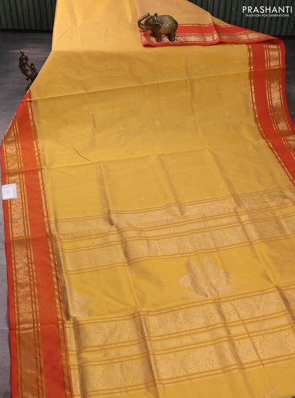 Kanchipuram silk cotton saree yellow and orange with zari woven buttas and rettapet zari woven border