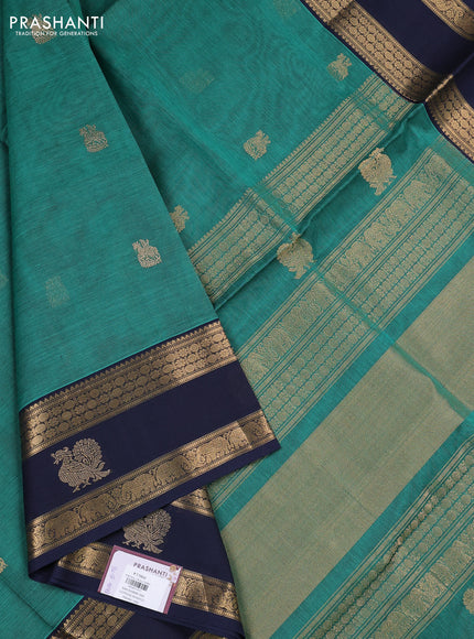 Kanchipuram silk cotton saree teal green and navy blue with zari woven buttas and rettapet zari woven border