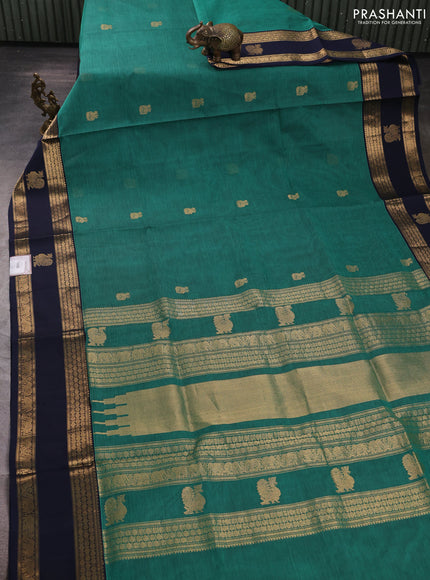 Kanchipuram silk cotton saree teal green and navy blue with zari woven buttas and rettapet zari woven border