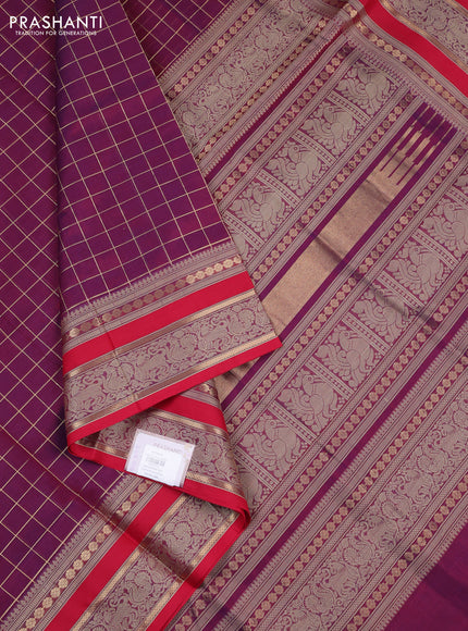 Kanchipuram silk cotton saree wine shade and red with allover zari checked pattern and rettapet thread & zari woven border