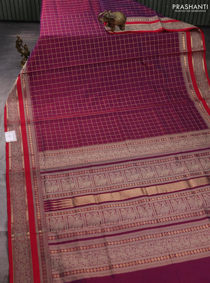 Kanchipuram silk cotton saree wine shade and red with allover zari checked pattern and rettapet thread & zari woven border