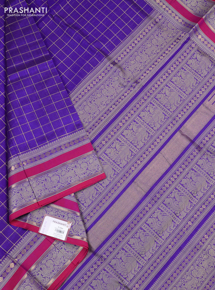 Kanchipuram silk cotton saree violet and pink with allover zari checked pattern and rettapet thread & zari woven border