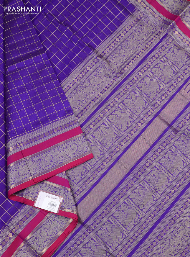 Kanchipuram silk cotton saree violet and pink with allover zari checked pattern and rettapet thread & zari woven border