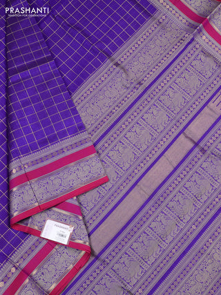 Kanchipuram silk cotton saree violet and pink with allover zari checked pattern and rettapet thread & zari woven border