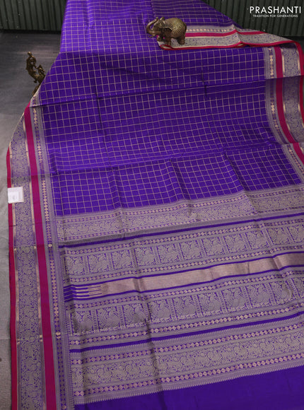 Kanchipuram silk cotton saree violet and pink with allover zari checked pattern and rettapet thread & zari woven border