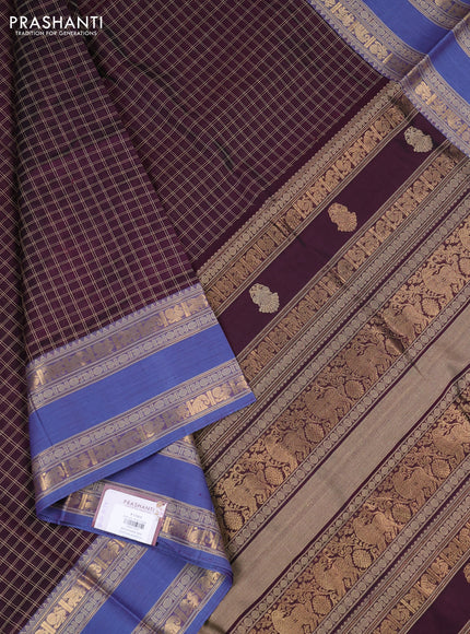 Kanchipuram silk cotton saree deep wine and pastel blue with allover thread checked pattern and rettapet thread & zari woven border