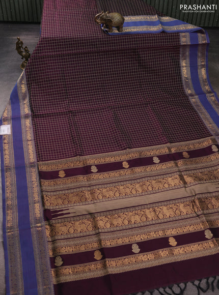 Kanchipuram silk cotton saree deep wine and pastel blue with allover thread checked pattern and rettapet thread & zari woven border