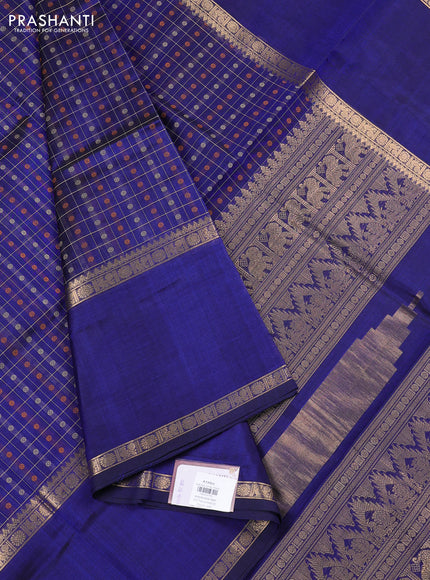 Kanchipuram silk cotton saree navy blue with allover thread checks & 1000 buttas and long rettapet zari woven border