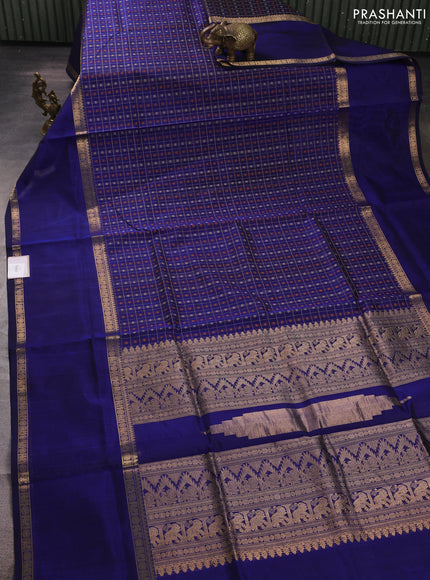 Kanchipuram silk cotton saree navy blue with allover thread checks & 1000 buttas and long rettapet zari woven border