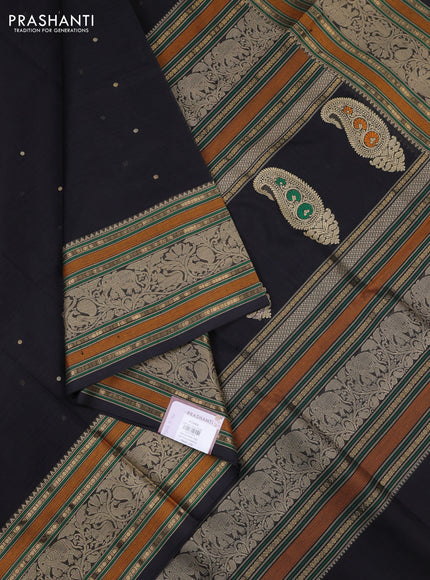 Kanchipuram silk cotton saree black with thread & zari woven buttas and long thread & zari woven border