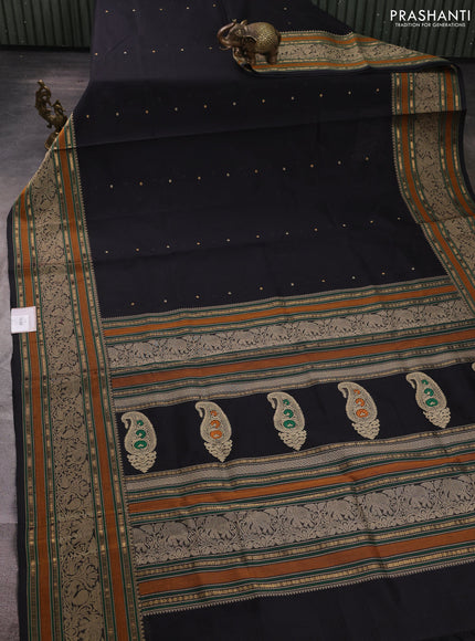Kanchipuram silk cotton saree black with thread & zari woven buttas and long thread & zari woven border