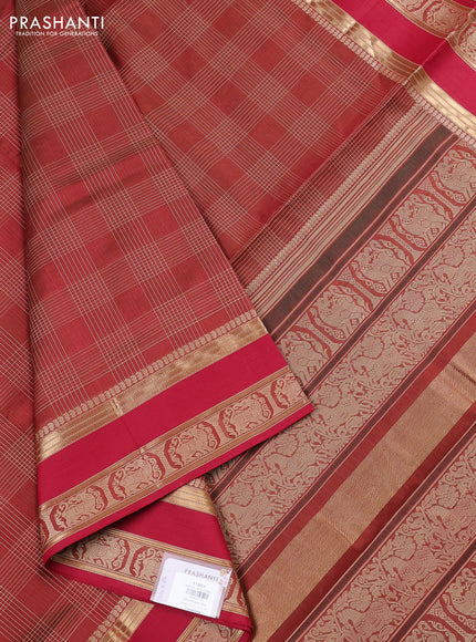 Kanchipuram silk cotton saree maroon shade and red with allover thread checked pattern and rettapet thread & zari woven border