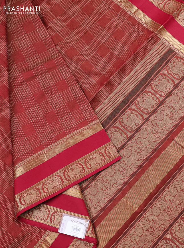 Kanchipuram silk cotton saree maroon shade and red with allover thread checked pattern and rettapet thread & zari woven border