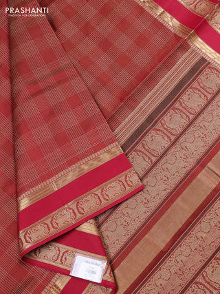 Kanchipuram silk cotton saree maroon shade and red with allover thread checked pattern and rettapet thread & zari woven border