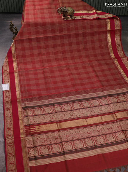 Kanchipuram silk cotton saree maroon shade and red with allover thread checked pattern and rettapet thread & zari woven border