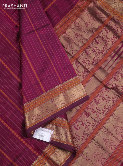 Kanchipuram silk cotton saree wine shade with allover thread & zari weaves and temple design zari woven border