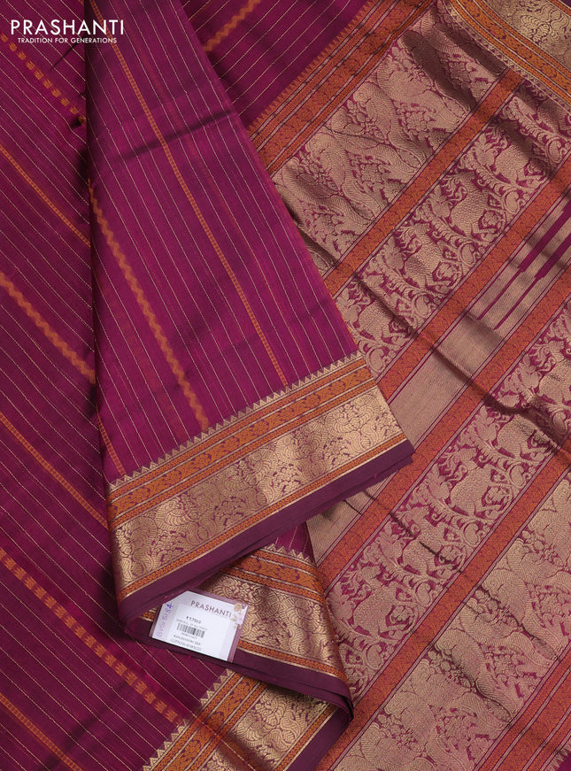 Kanchipuram silk cotton saree wine shade with allover thread & zari weaves and temple design zari woven border