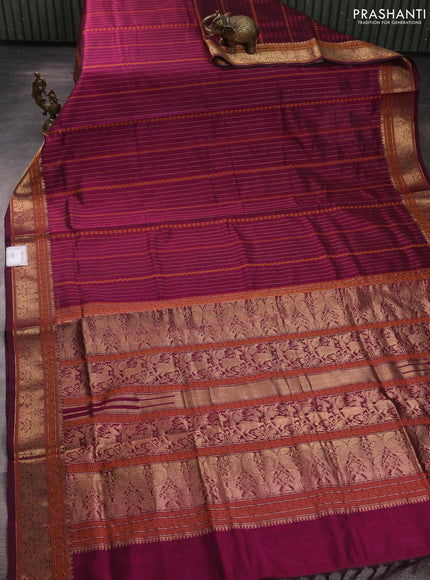 Kanchipuram silk cotton saree wine shade with allover thread & zari weaves and temple design zari woven border