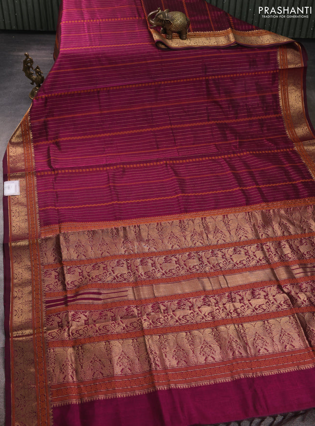 Kanchipuram silk cotton saree wine shade with allover thread & zari weaves and temple design zari woven border