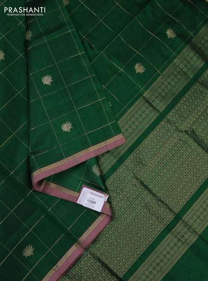 Kanchipuram silk cotton saree green and light pink shade with allover zari checks & buttas and small zari woven border