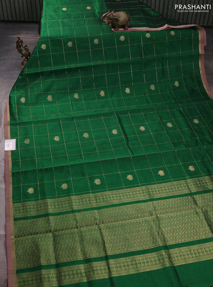 Kanchipuram silk cotton saree green and light pink shade with allover zari checks & buttas and small zari woven border