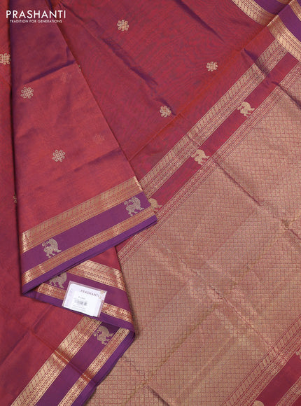Kanchipuram silk cotton saree dual shade of rust and purple with zari woven buttas and rettapet zari woven butta border