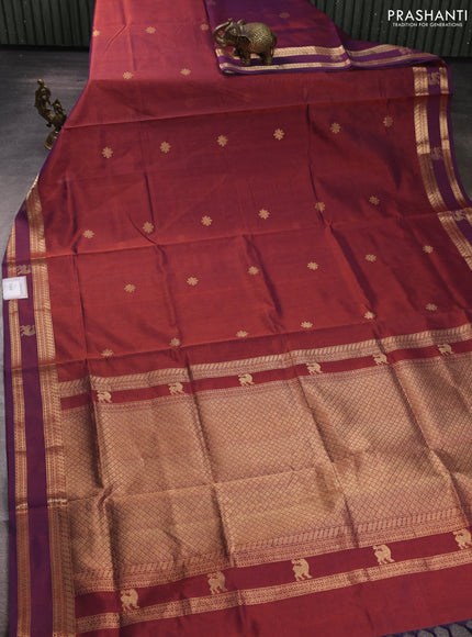 Kanchipuram silk cotton saree dual shade of rust and purple with zari woven buttas and rettapet zari woven butta border