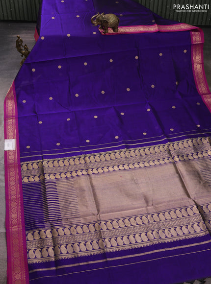 Kanchipuram silk cotton saree violet and pink with zari woven buttas and temple design zari woven border