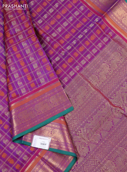 Kanchipuram silk cotton saree purple and teal green with allover thread checks & buttas and zari woven border