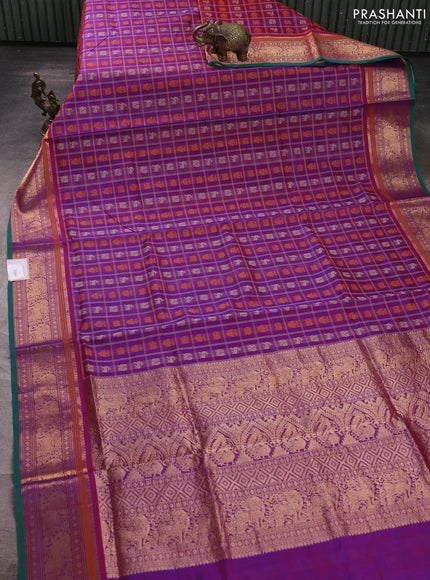 Kanchipuram silk cotton saree purple and teal green with allover thread checks & buttas and zari woven border