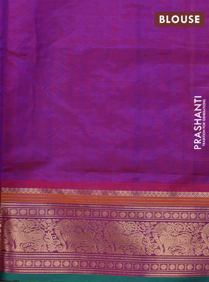 Kanchipuram silk cotton saree purple and teal green with allover thread checks & buttas and zari woven border