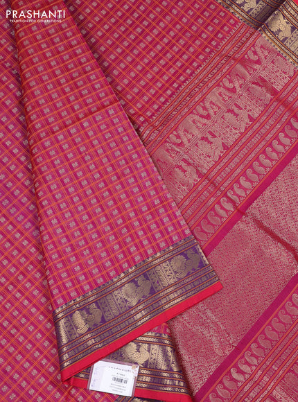 Kanchipuram silk cotton saree pink and purple with allover thread checks & 1000 buttas and temple design zari woven border