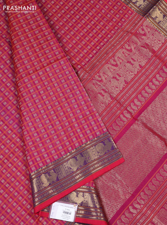 Kanchipuram silk cotton saree pink and purple with allover thread checks & 1000 buttas and temple design zari woven border