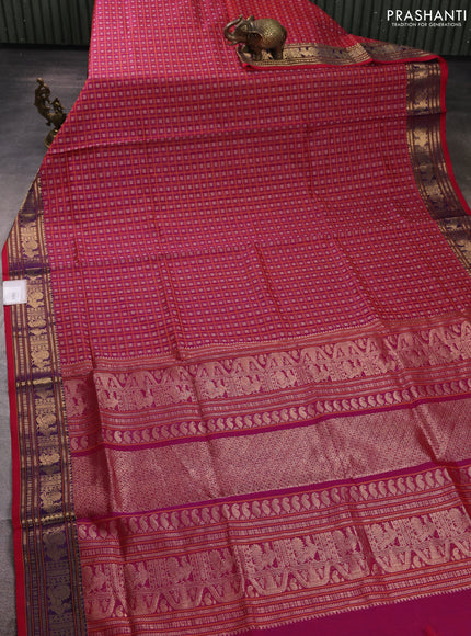 Kanchipuram silk cotton saree pink and purple with allover thread checks & 1000 buttas and temple design zari woven border