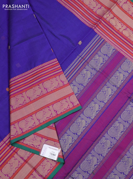 Kanchipuram silk cotton saree blue and green with thread woven buttas and long thread woven border